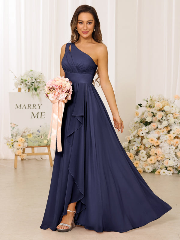 stormy blue bridesmaid dresses Stormy Bridesmaid Dresses Chic Bateau Neckline Ruffle Short Sleeves Sheath/Column Chiffon Bridesmaid Dress with Slit