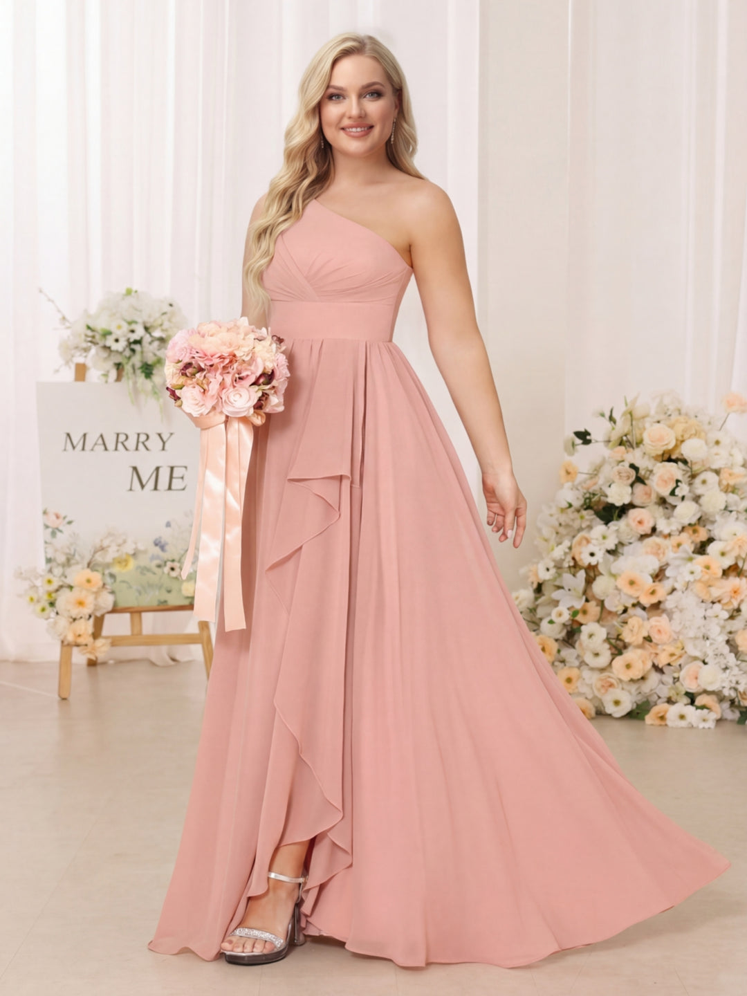 One-Shoulder Bridesmaid Dresses Plus Size Dusty Rose A-Line Sleeveless Long Chiffon Formal Wedding Guest Evening Gowns with Split Side