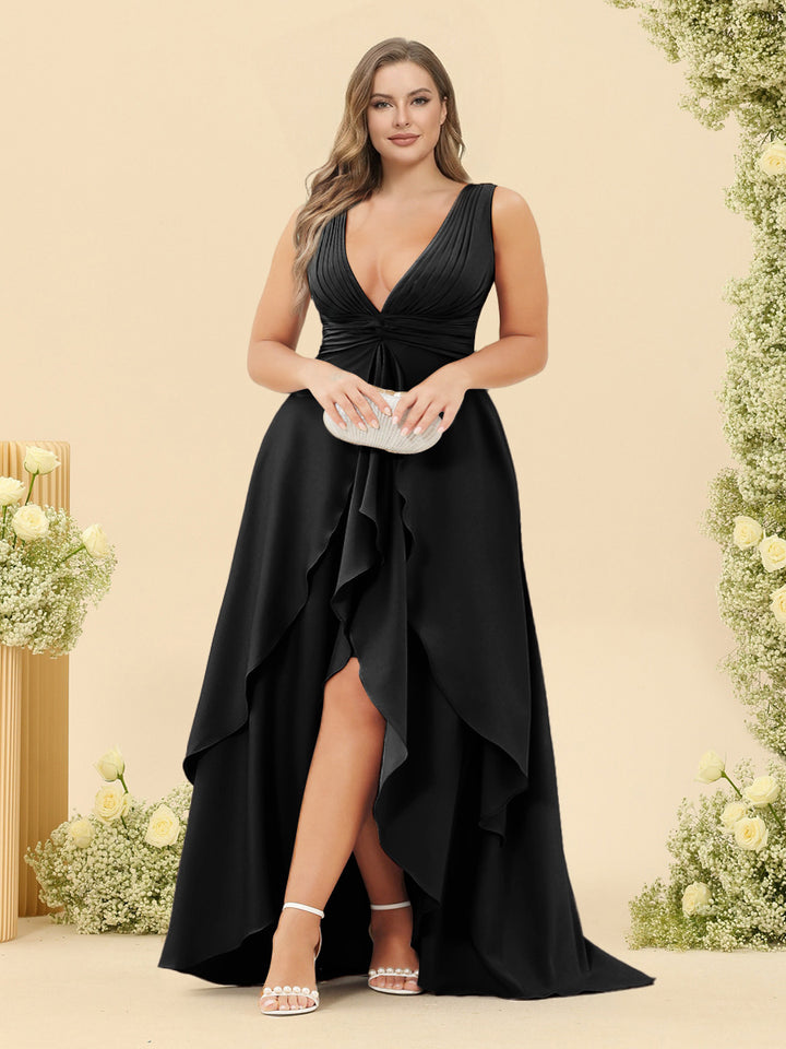 A-Line/Princess Asymmetrical V-Neck Plus Size Bridesmaid Dresses With Ruffles