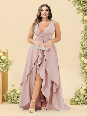 A-Line/Princess Asymmetrical V-Neck Plus Size Bridesmaid Dresses With Ruffles