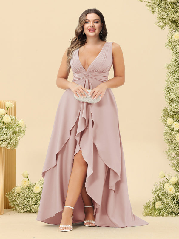 A-Line/Princess Asymmetrical V-Neck Plus Size Bridesmaid Dresses With Ruffles