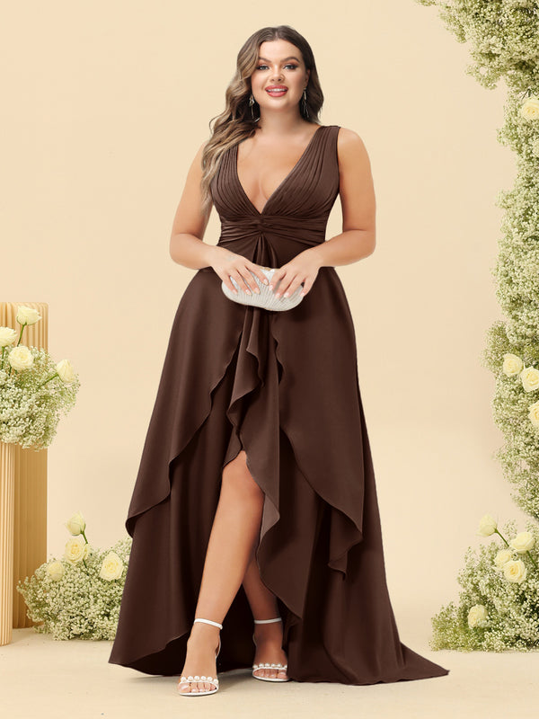 A-Line/Princess Asymmetrical V-Neck Plus Size Bridesmaid Dresses With Ruffles