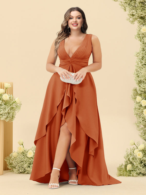 A-Line/Princess Asymmetrical V-Neck Plus Size Bridesmaid Dresses With Ruffles