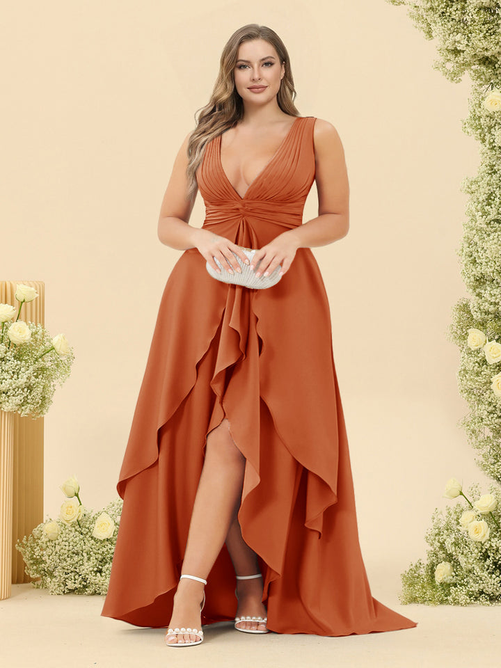 A-Line/Princess Asymmetrical V-Neck Plus Size Bridesmaid Dresses With Ruffles
