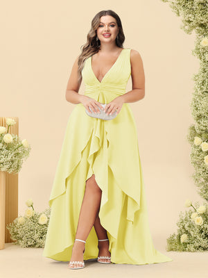 A-Line/Princess Asymmetrical V-Neck Plus Size Bridesmaid Dresses With Ruffles