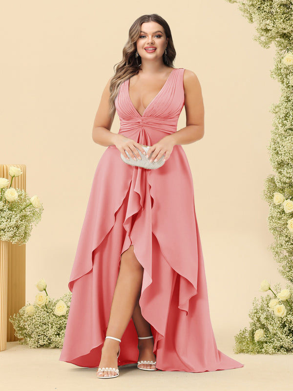 A-Line/Princess Asymmetrical V-Neck Plus Size Bridesmaid Dresses With Ruffles