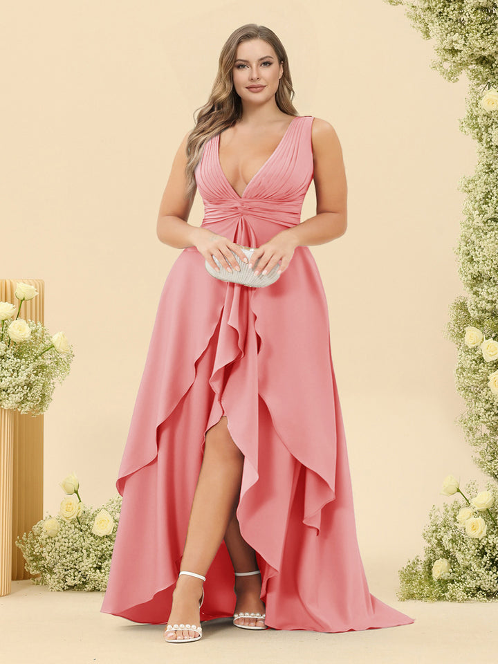 A-Line/Princess Asymmetrical V-Neck Plus Size Bridesmaid Dresses With Ruffles