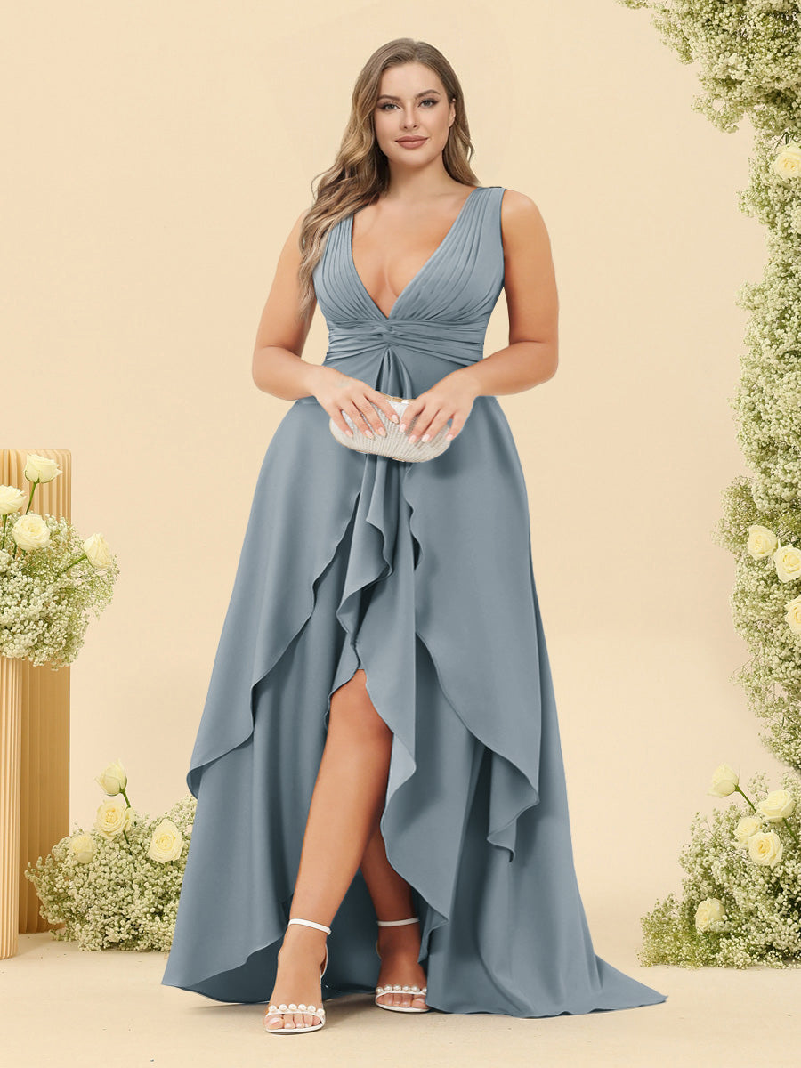 A-Line/Princess Asymmetrical V-Neck Plus Size Bridesmaid Dresses With Ruffles
