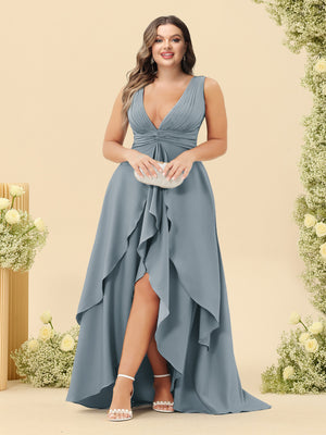 A-Line/Princess Asymmetrical V-Neck Plus Size Bridesmaid Dresses With Ruffles