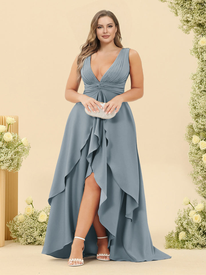 A-Line/Princess Asymmetrical V-Neck Plus Size Bridesmaid Dresses With Ruffles