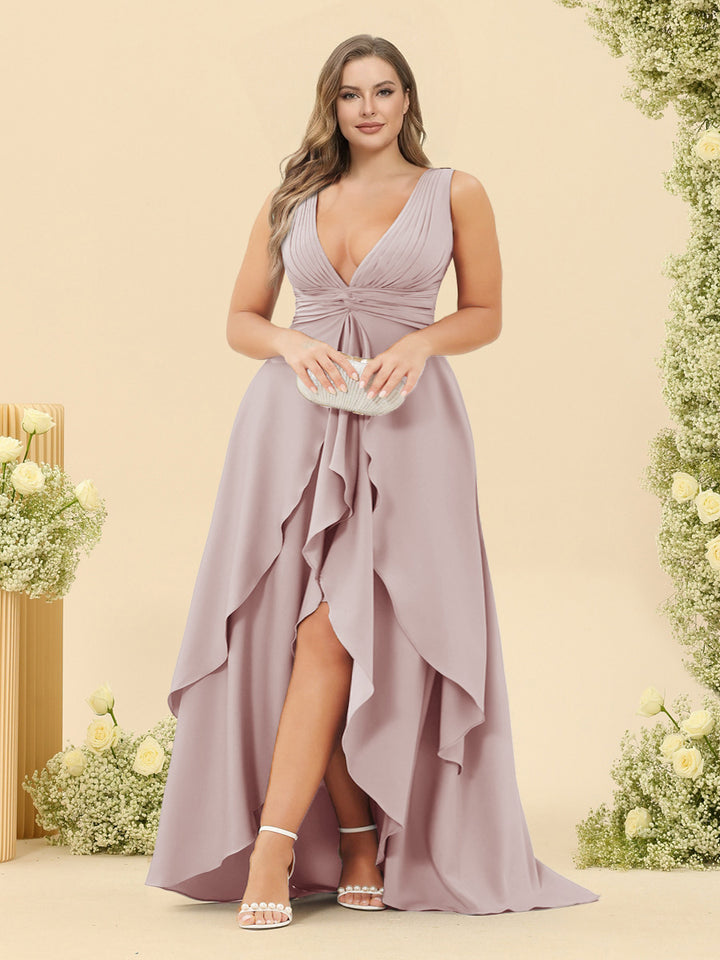 A-Line/Princess Asymmetrical V-Neck Plus Size Bridesmaid Dresses With Ruffles