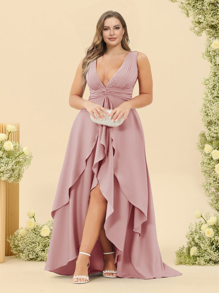 A-Line/Princess Asymmetrical V-Neck Plus Size Bridesmaid Dresses With Ruffles