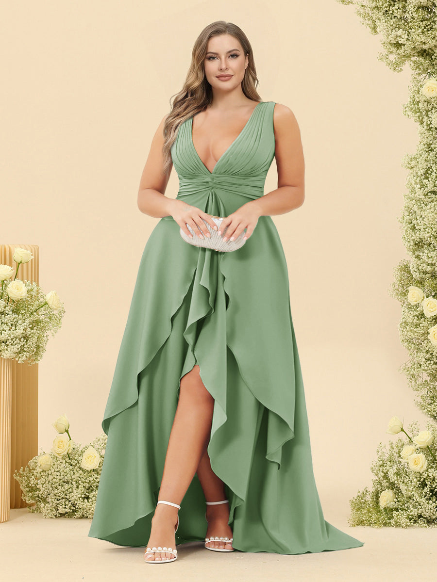 A-Line/Princess Asymmetrical V-Neck Plus Size Bridesmaid Dresses With Ruffles