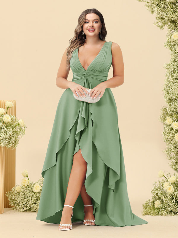 A-Line/Princess Asymmetrical V-Neck Plus Size Bridesmaid Dresses With Ruffles