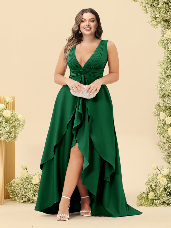 A-Line/Princess Asymmetrical V-Neck Plus Size Bridesmaid Dresses With Ruffles