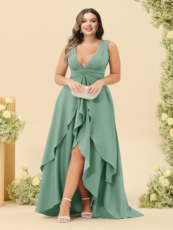 A-Line/Princess Asymmetrical V-Neck Plus Size Bridesmaid Dresses With Ruffles