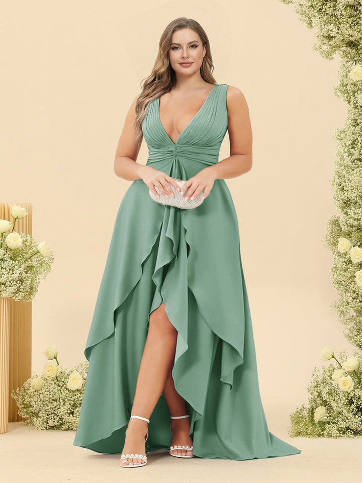 A-Line/Princess Asymmetrical V-Neck Plus Size Bridesmaid Dresses With Ruffles