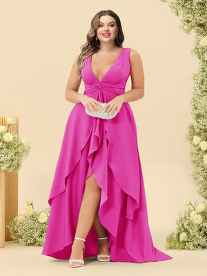 A-Line/Princess Asymmetrical V-Neck Plus Size Bridesmaid Dresses With Ruffles