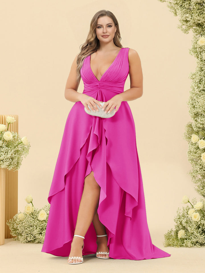 A-Line/Princess Asymmetrical V-Neck Plus Size Bridesmaid Dresses With Ruffles