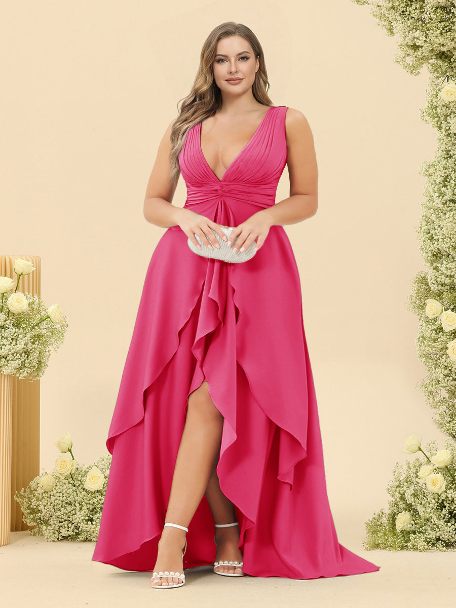 A-Line/Princess Asymmetrical V-Neck Plus Size Bridesmaid Dresses With Ruffles