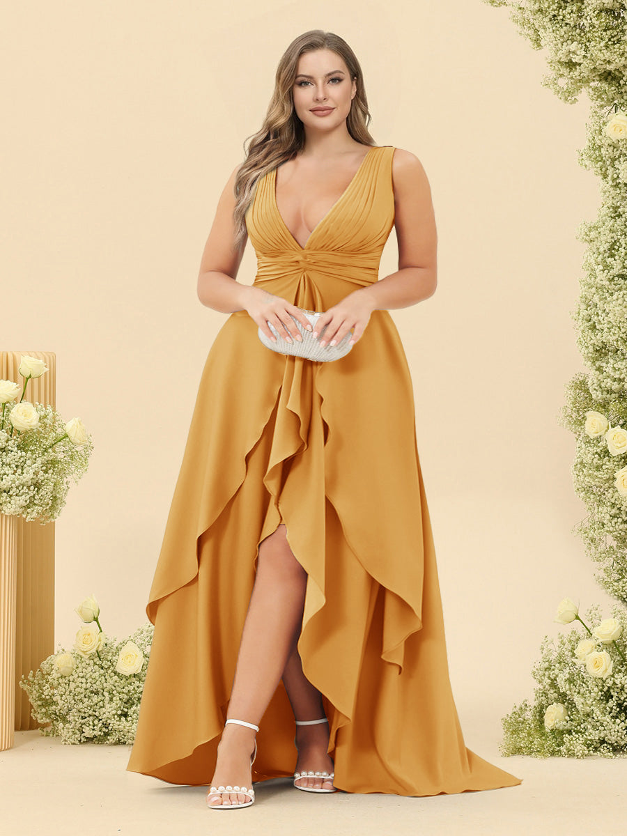 A-Line/Princess Asymmetrical V-Neck Plus Size Bridesmaid Dresses With Ruffles