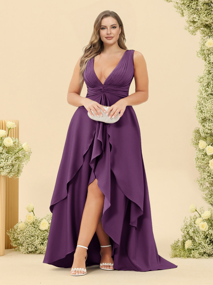 A-Line/Princess Asymmetrical V-Neck Plus Size Bridesmaid Dresses With Ruffles