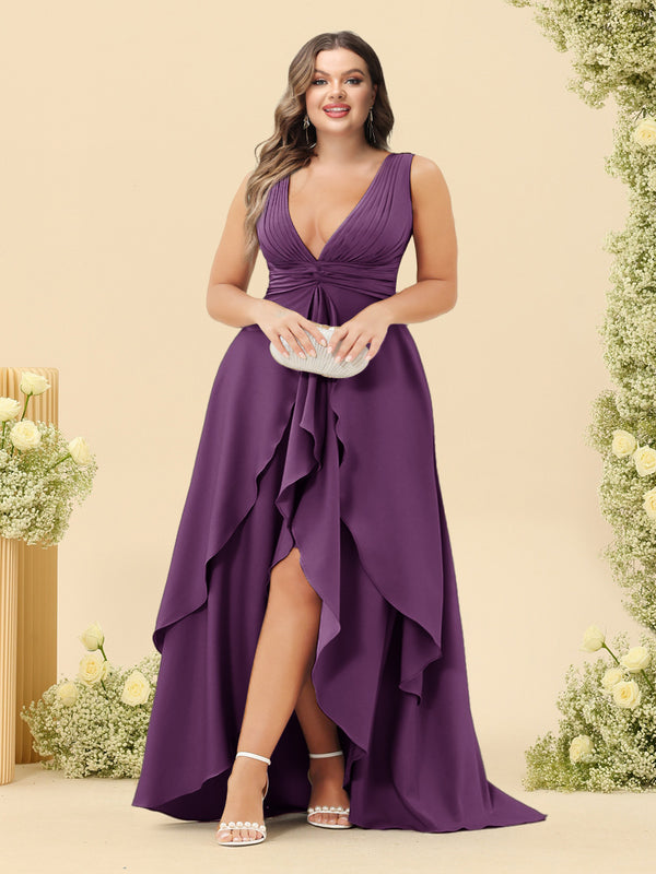 A-Line/Princess Asymmetrical V-Neck Plus Size Bridesmaid Dresses With Ruffles