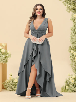 A-Line/Princess Asymmetrical V-Neck Plus Size Bridesmaid Dresses With Ruffles