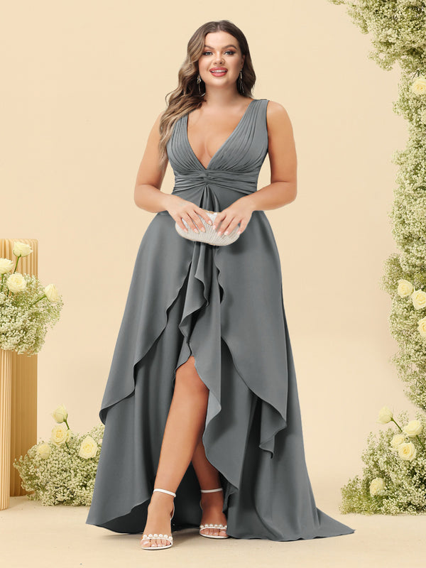A-Line/Princess Asymmetrical V-Neck Plus Size Bridesmaid Dresses With Ruffles