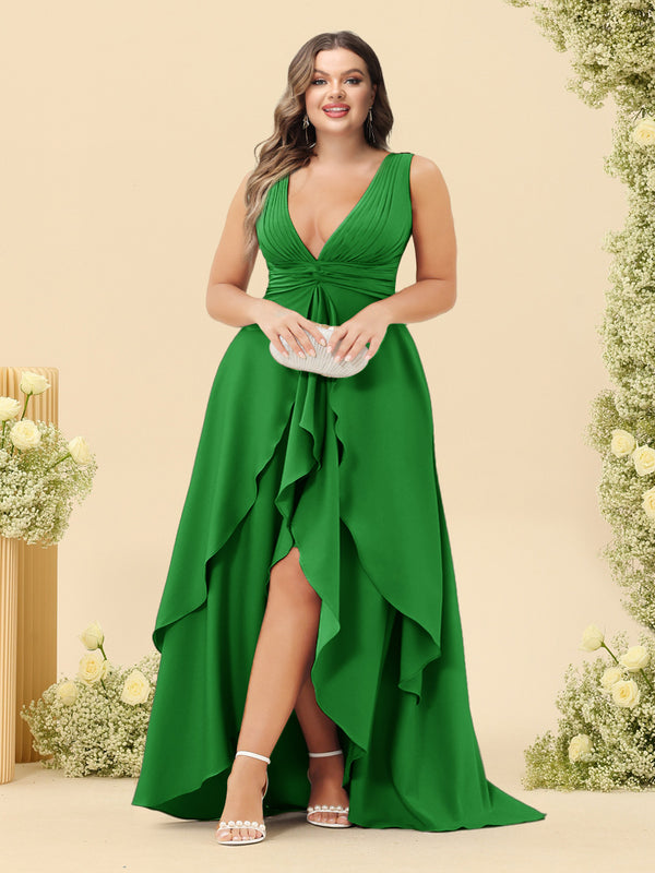 A-Line/Princess Asymmetrical V-Neck Plus Size Bridesmaid Dresses With Ruffles