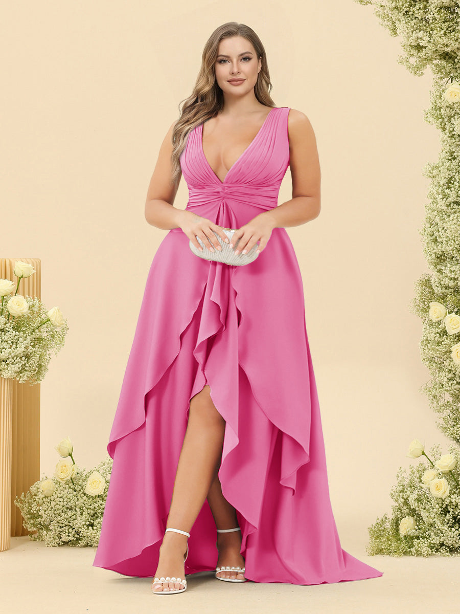 A-Line/Princess Asymmetrical V-Neck Plus Size Bridesmaid Dresses With Ruffles