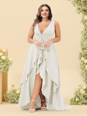 A-Line/Princess Asymmetrical V-Neck Plus Size Bridesmaid Dresses With Ruffles