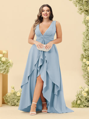 A-Line/Princess Asymmetrical V-Neck Plus Size Bridesmaid Dresses With Ruffles