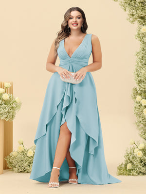 A-Line/Princess Asymmetrical V-Neck Plus Size Bridesmaid Dresses With Ruffles