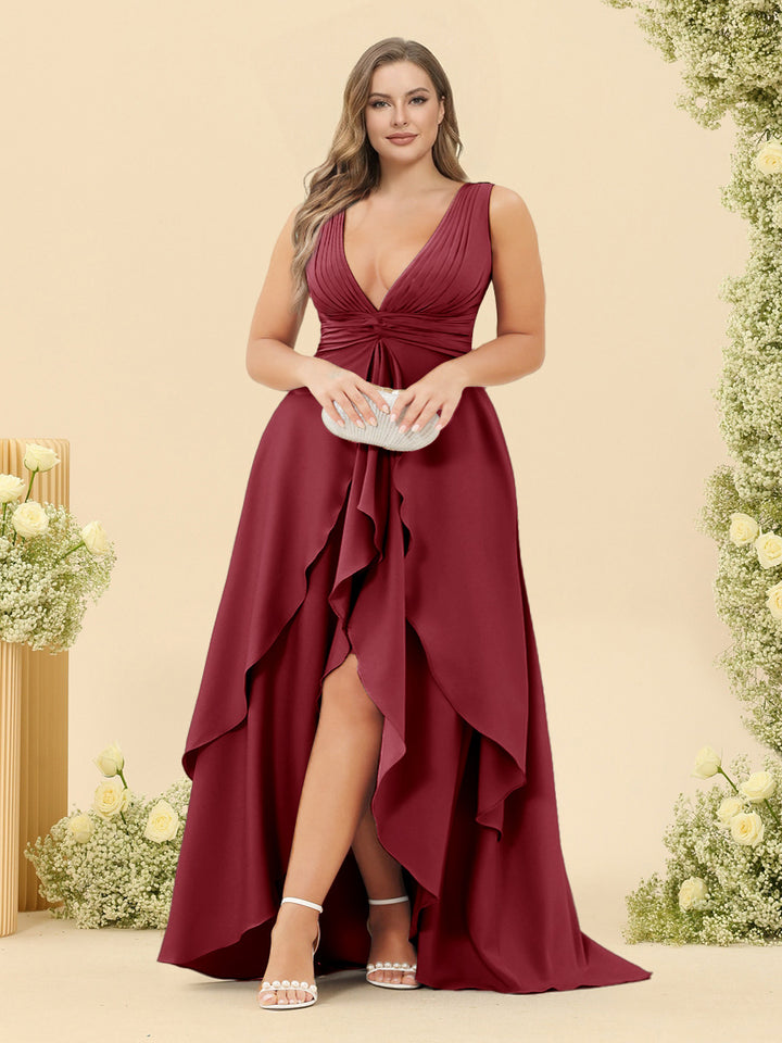 A-Line/Princess Asymmetrical V-Neck Plus Size Bridesmaid Dresses With Ruffles
