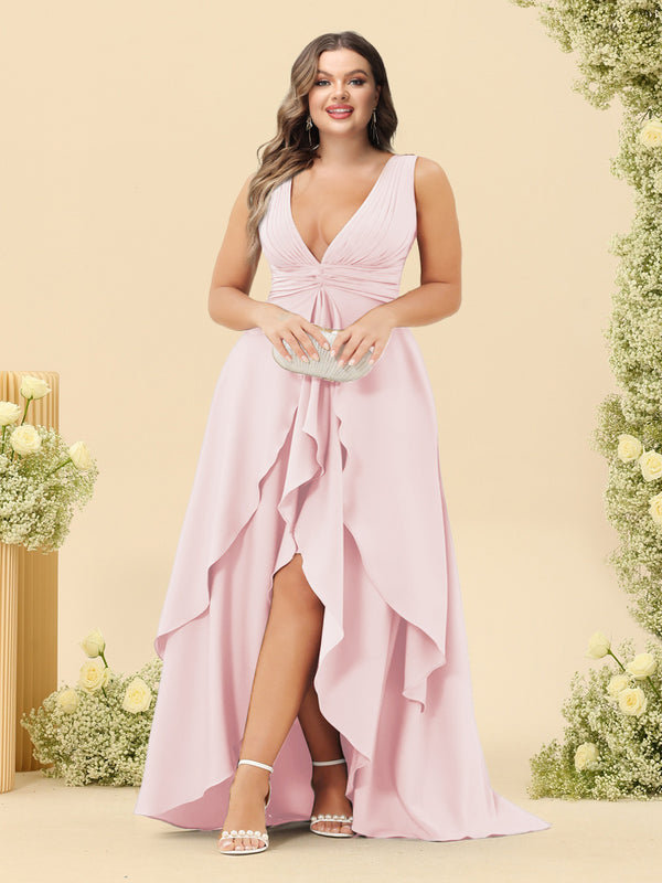 A-Line/Princess Asymmetrical V-Neck Plus Size Bridesmaid Dresses With Ruffles