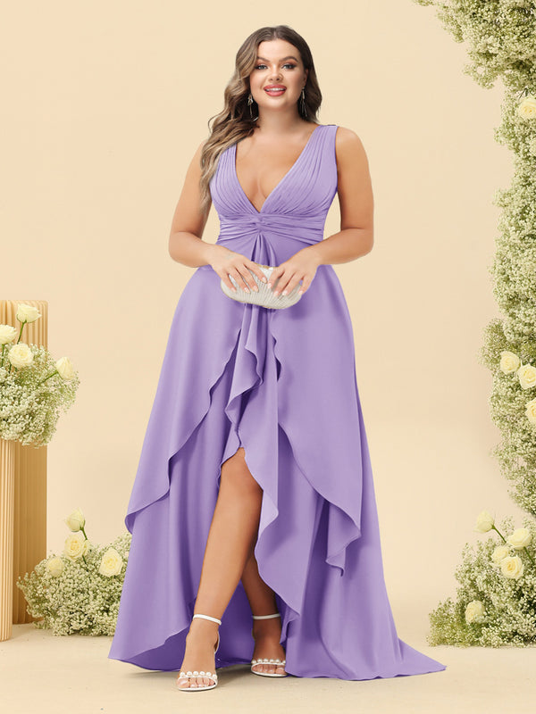 A-Line/Princess Asymmetrical V-Neck Plus Size Bridesmaid Dresses With Ruffles