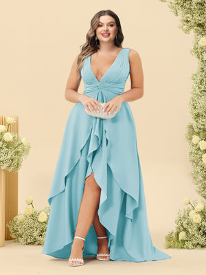 A-Line/Princess Asymmetrical V-Neck Plus Size Bridesmaid Dresses With Ruffles