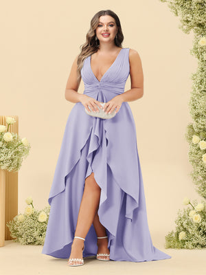 A-Line/Princess Asymmetrical V-Neck Plus Size Bridesmaid Dresses With Ruffles
