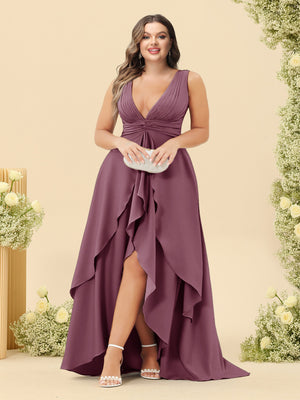 A-Line/Princess Asymmetrical V-Neck Plus Size Bridesmaid Dresses With Ruffles