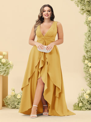 A-Line/Princess Asymmetrical V-Neck Plus Size Bridesmaid Dresses With Ruffles