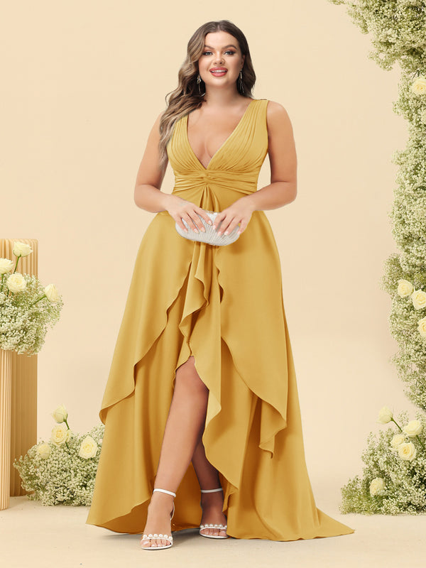 A-Line/Princess Asymmetrical V-Neck Plus Size Bridesmaid Dresses With Ruffles