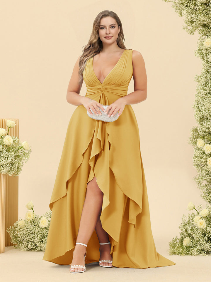 A-Line/Princess Asymmetrical V-Neck Plus Size Bridesmaid Dresses With Ruffles