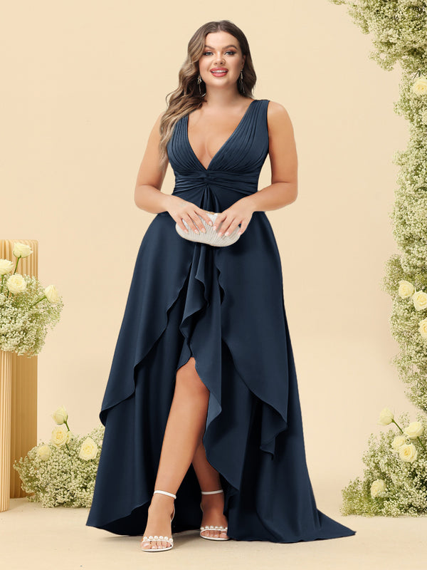 A-Line/Princess Asymmetrical V-Neck Plus Size Bridesmaid Dresses With Ruffles