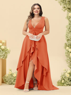 A-Line/Princess Asymmetrical V-Neck Plus Size Bridesmaid Dresses With Ruffles