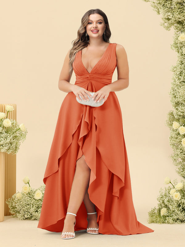 A-Line/Princess Asymmetrical V-Neck Plus Size Bridesmaid Dresses With Ruffles