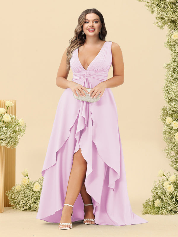 A-Line/Princess Asymmetrical V-Neck Plus Size Bridesmaid Dresses With Ruffles