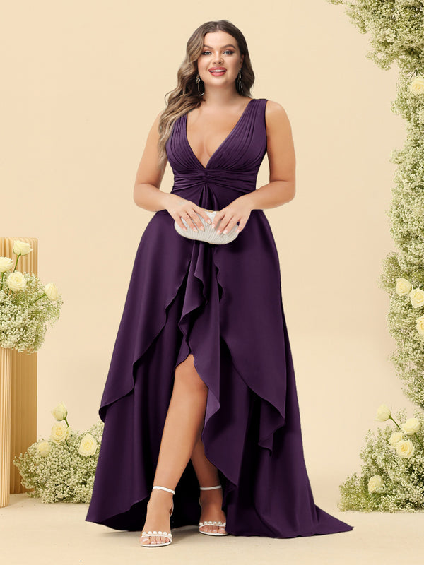 A-Line/Princess Asymmetrical V-Neck Plus Size Bridesmaid Dresses With Ruffles