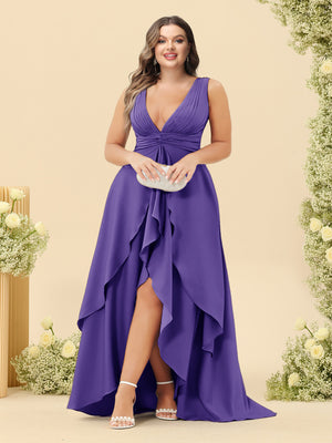 A-Line/Princess Asymmetrical V-Neck Plus Size Bridesmaid Dresses With Ruffles
