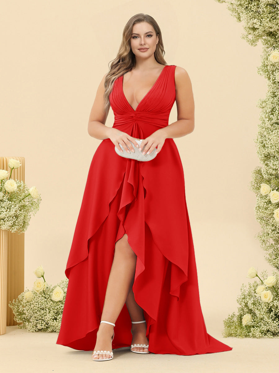 A-Line/Princess Asymmetrical V-Neck Plus Size Bridesmaid Dresses With Ruffles